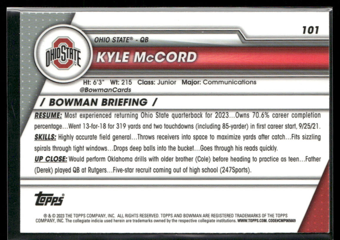 Kyle McCord 2023 Bowman University Chrome #101 Ohio State Buckeyes