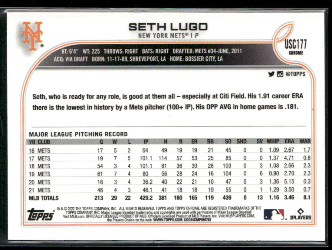 Seth Lugo 2022 Topps Chrome Update Purple Refractor #USC177 New York Mets
