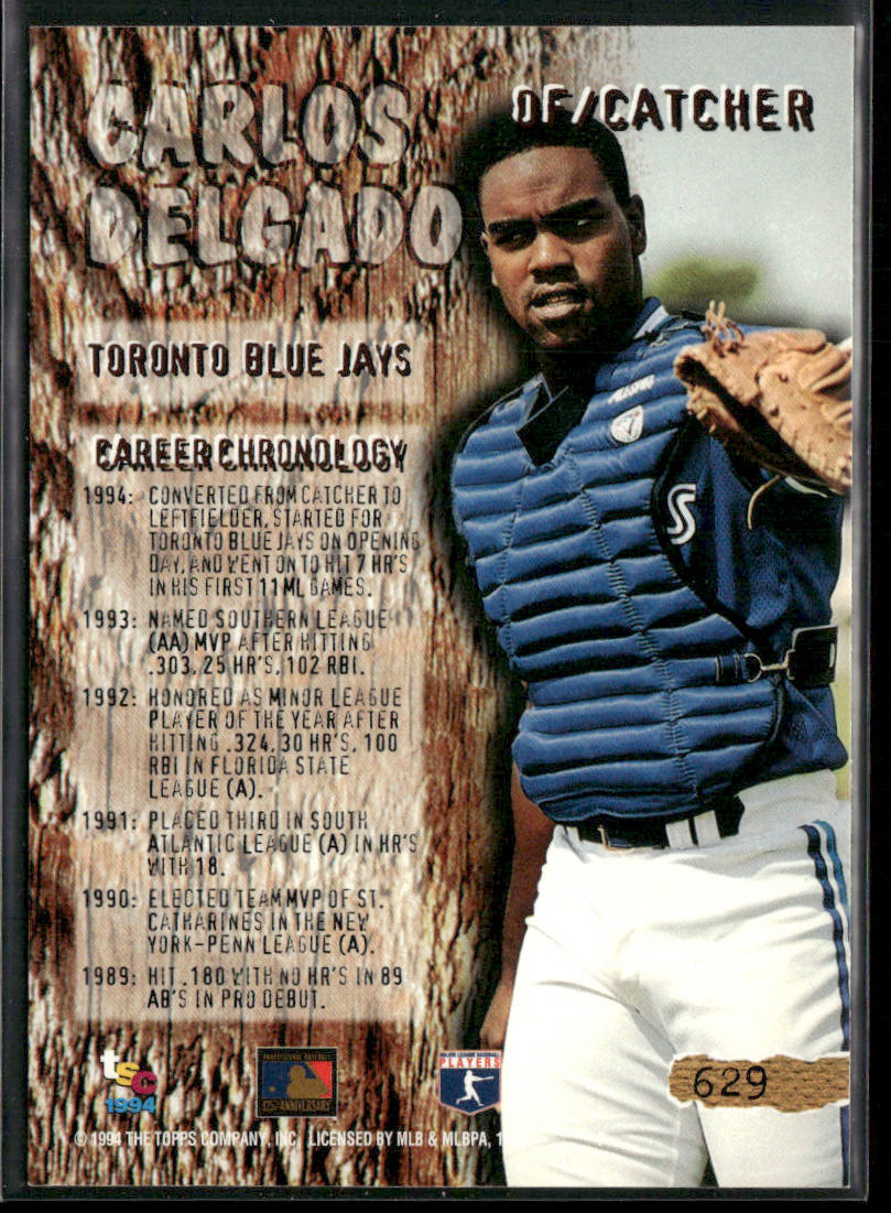 Carlos Delgado 1994 Stadium Club #629 Toronto Blue Jays back