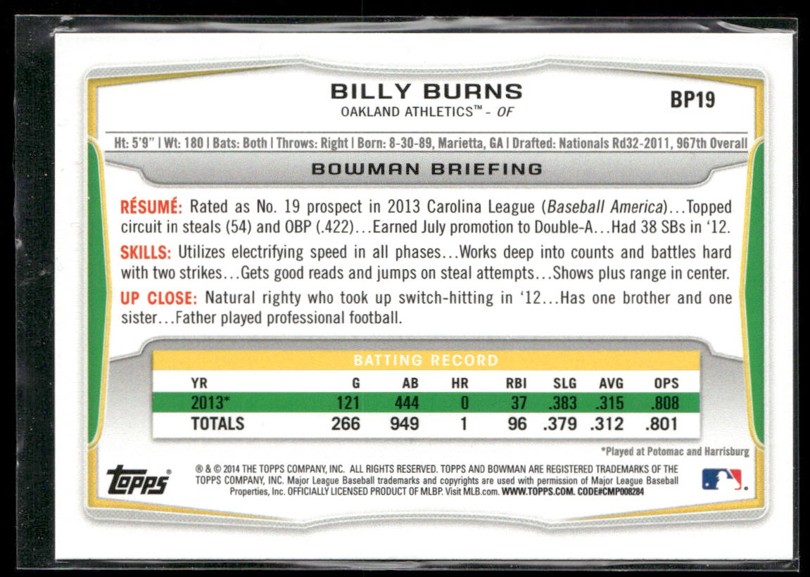 Billy Burns 2014 Bowman Prospects Silver Ice #BP19 Oakland Athletics