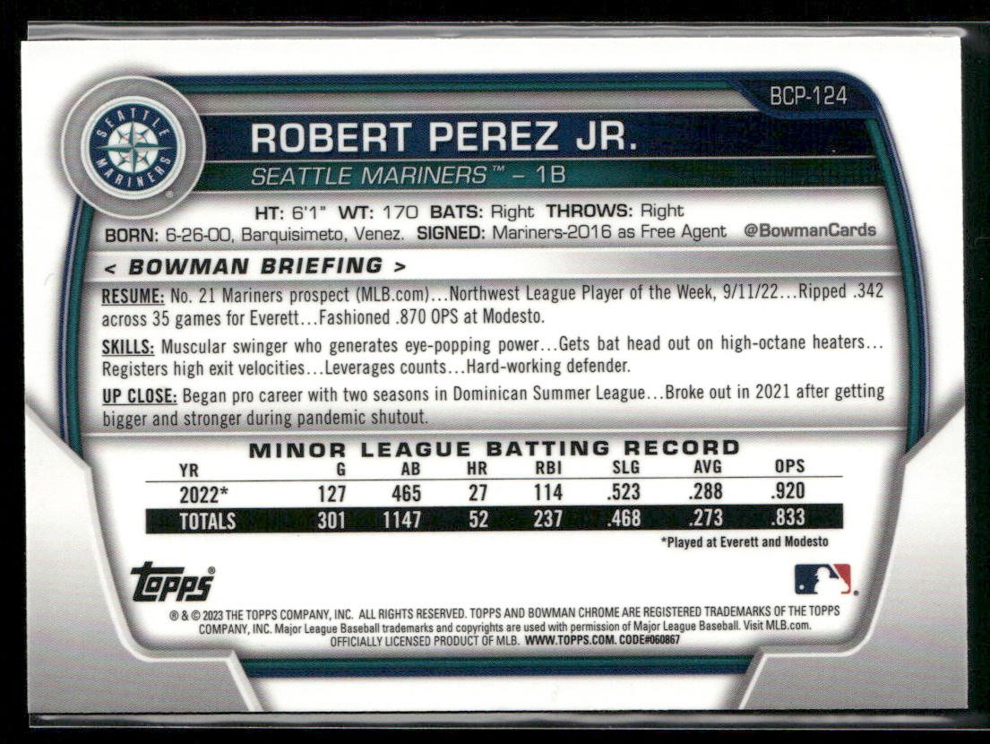 Robert Perez Jr. 2023 Bowman Chrome Prospects Mojo Refractors #BCP-124 Mariners