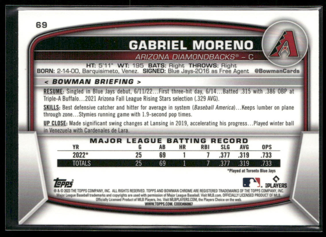 Gabriel Moreno 2023 Bowman Mojo Refractors #69 RC Arizona Diamondbacks