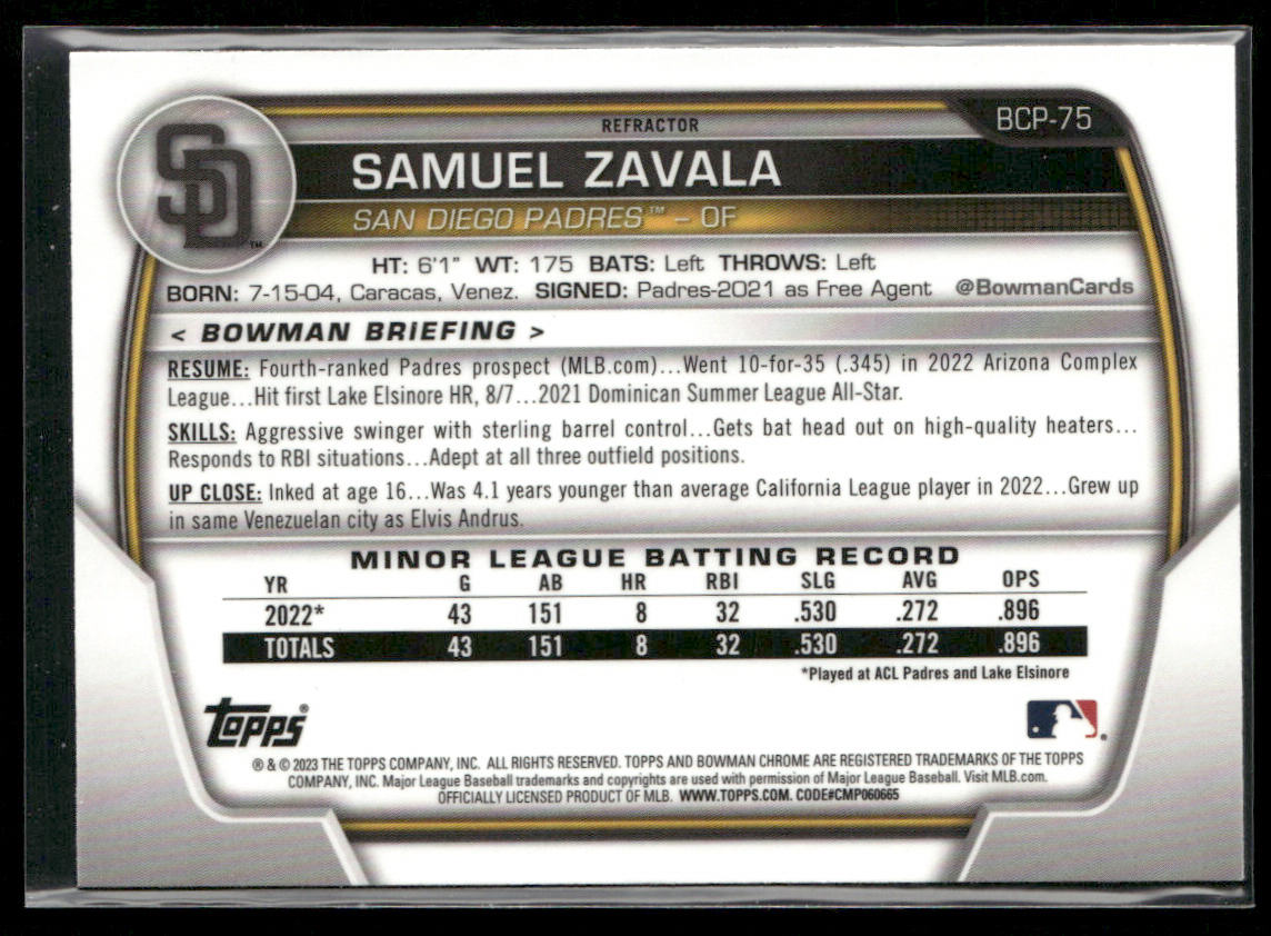 Samuel Zavala 2023 Bowman Chrome Prospects Lunar Glow Refractors #BCP-75 Padres