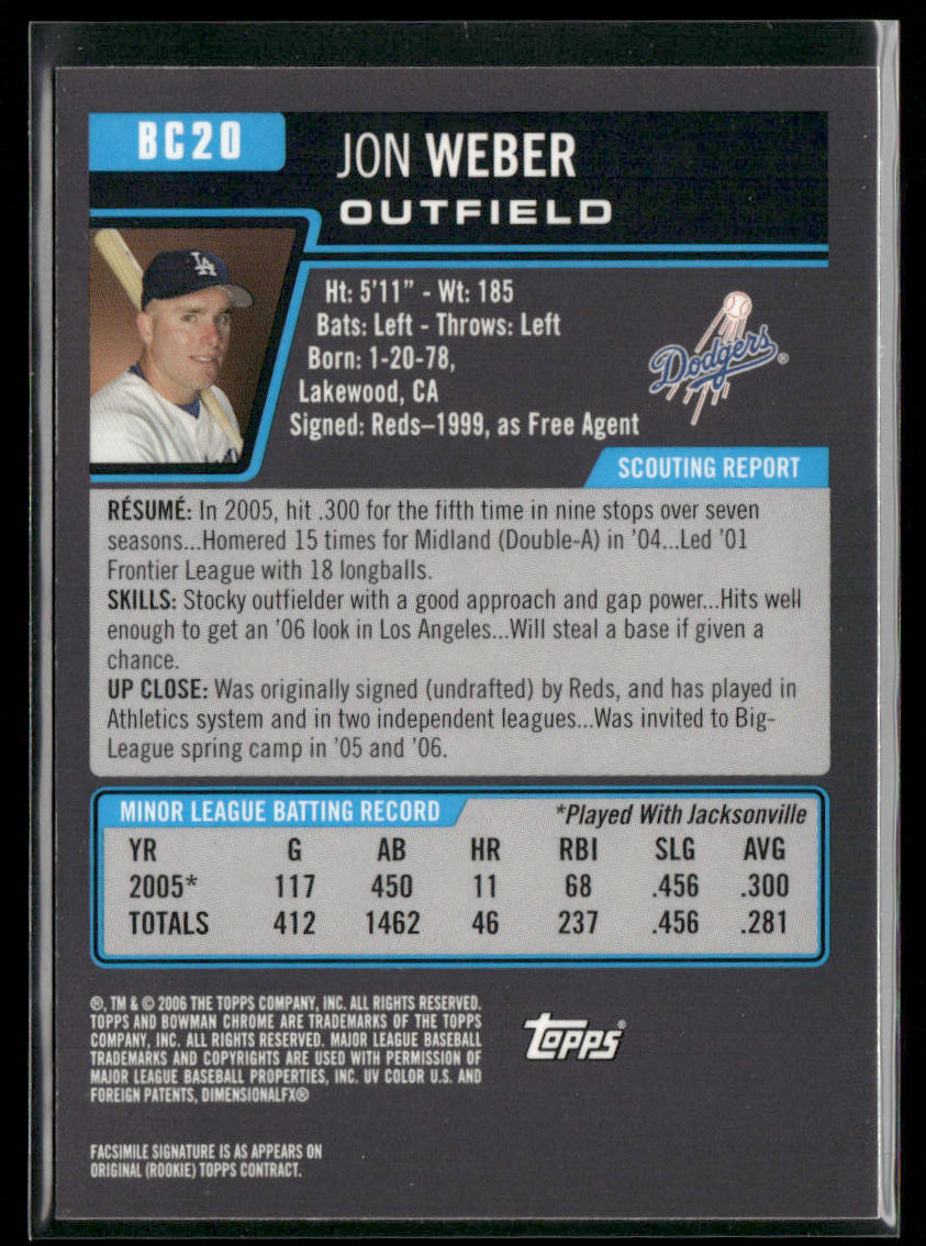 Jon Weber 2006 Bowman Chrome Prospects #BC20 Los Angeles Dodgers