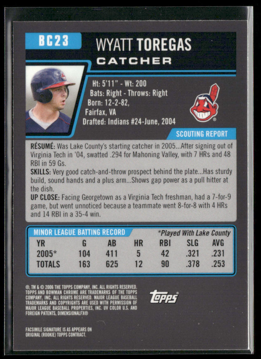Wyatt Toregas 2006 Bowman Chrome Prospects #BC23 Cleveland Indians