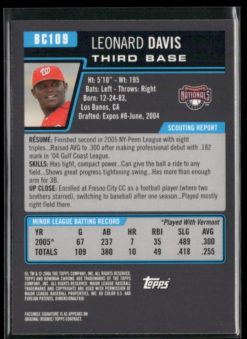 Leonard Davis 2006 Bowman Chrome Prospects #BC109 Washington Nationals