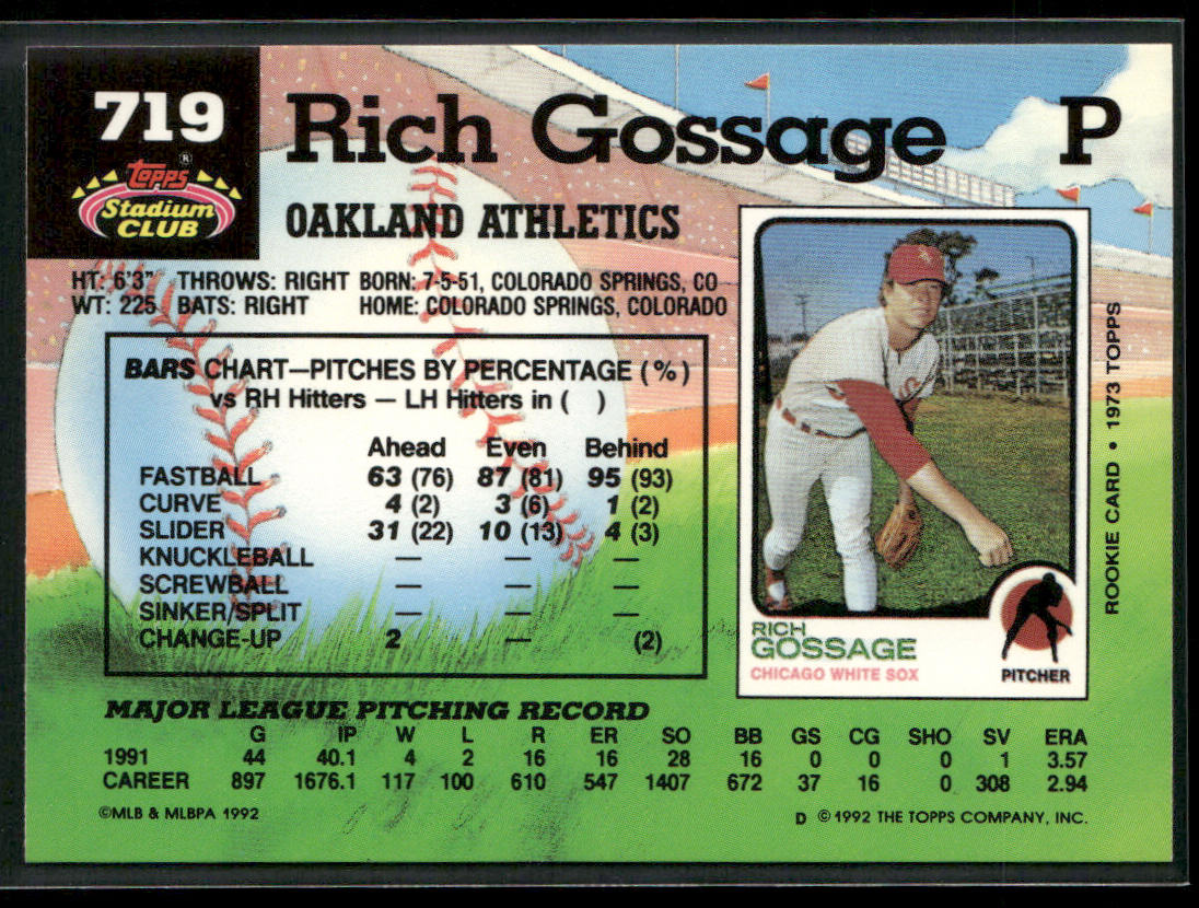 Rich Gossage 1992 Stadium Club #719b Oakland Athletics