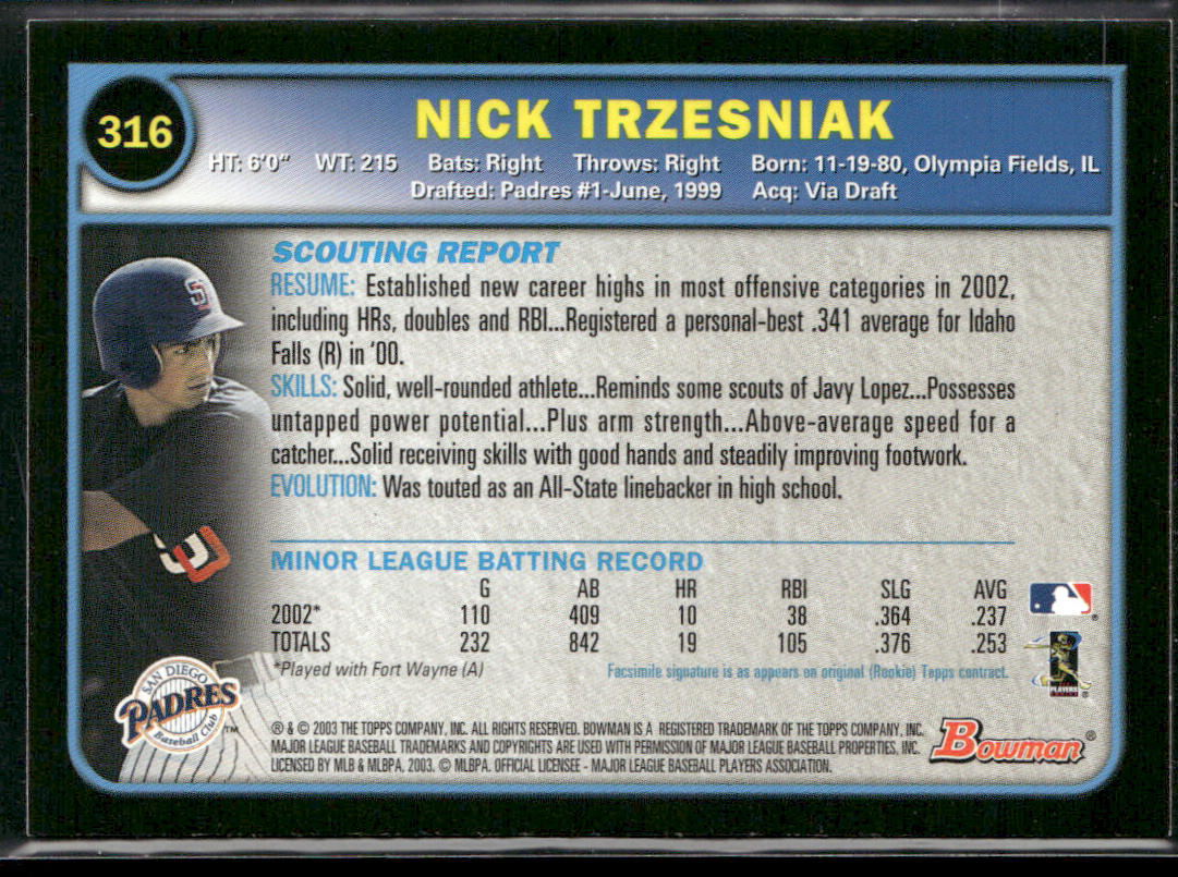Nick Trzesniak 2003 Bowman #316 RC San Diego Padres