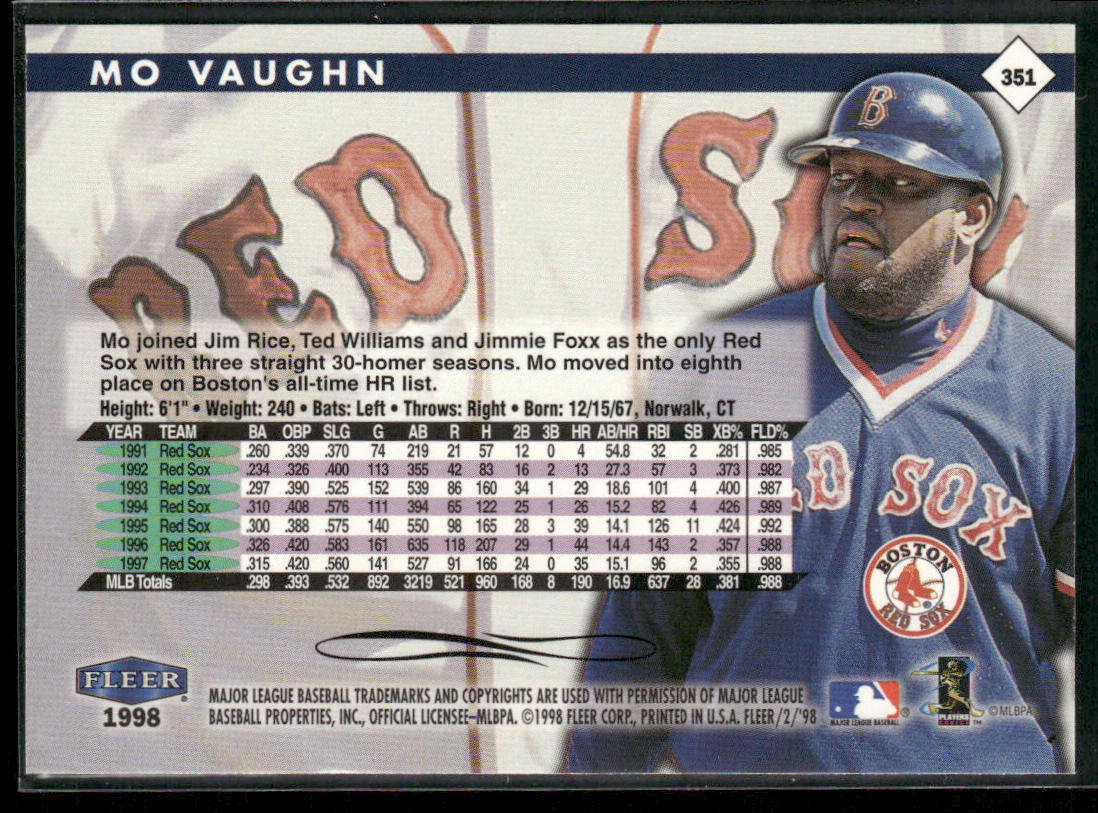 Mo Vaughn 1998 Fleer Tradition #351 Boston Red Sox