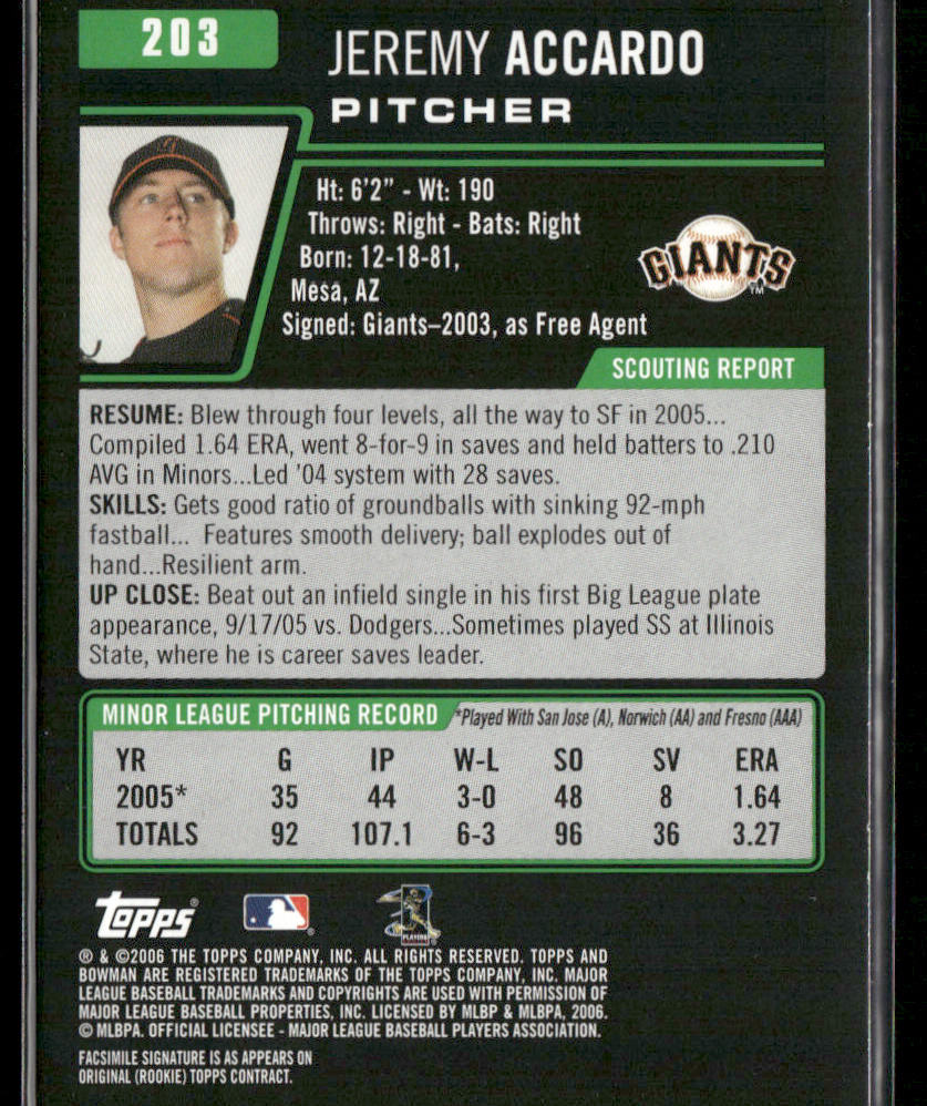 Jeremy Accardo 2006 Bowman #203 RC San Francisco Giants