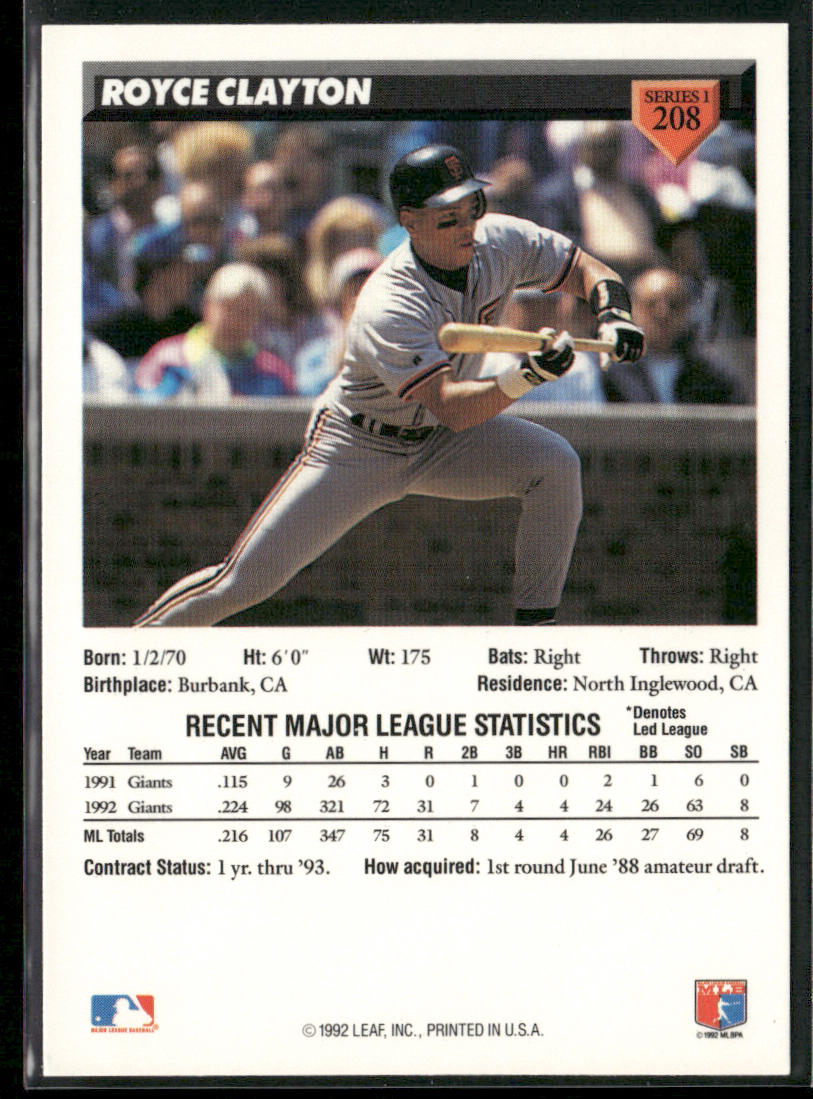 Royce Clayton 1993 Donruss #208 San Francisco Giants