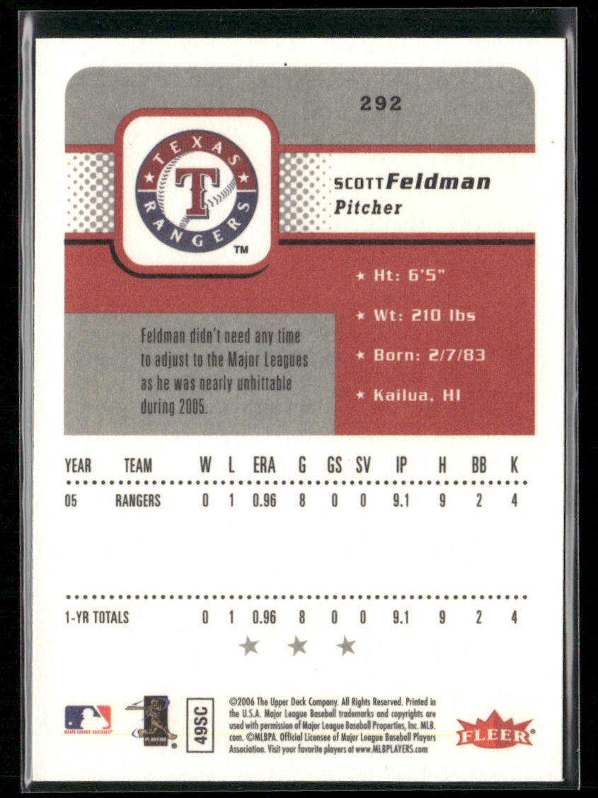 Scott Feldman 2006 Fleer #292 RC Texas Rangers
