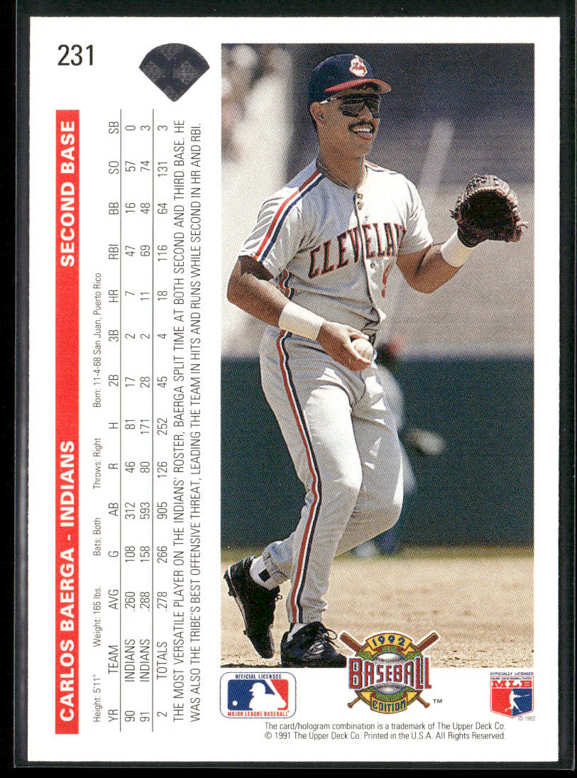 Carlos Baerga 1992 Upper Deck #231 Cleveland Indians