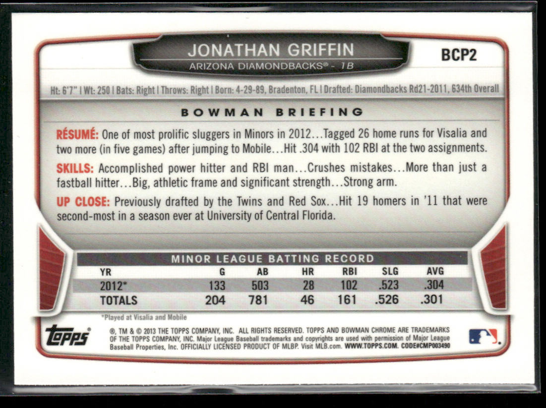 Jonathan Griffin 2013 Bowman Chrome Prospects #BCP2 Arizona Diamondbacks
