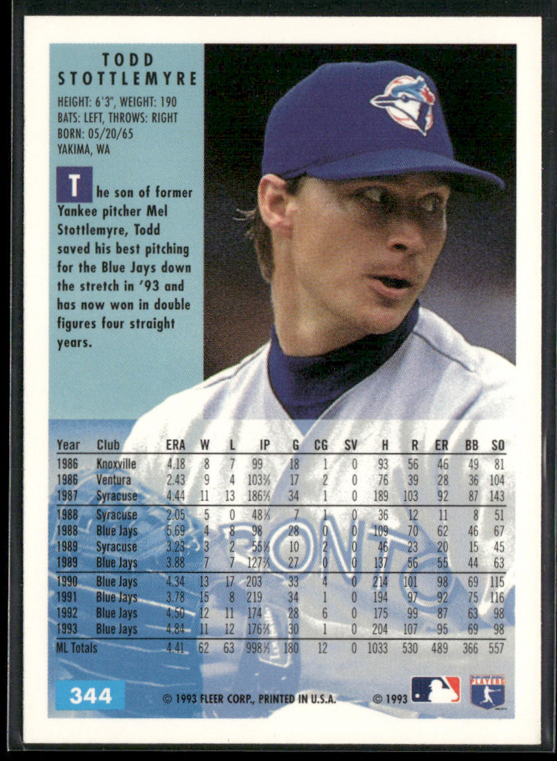 Todd Stottlemyre 1994 Fleer #344 Toronto Blue Jays