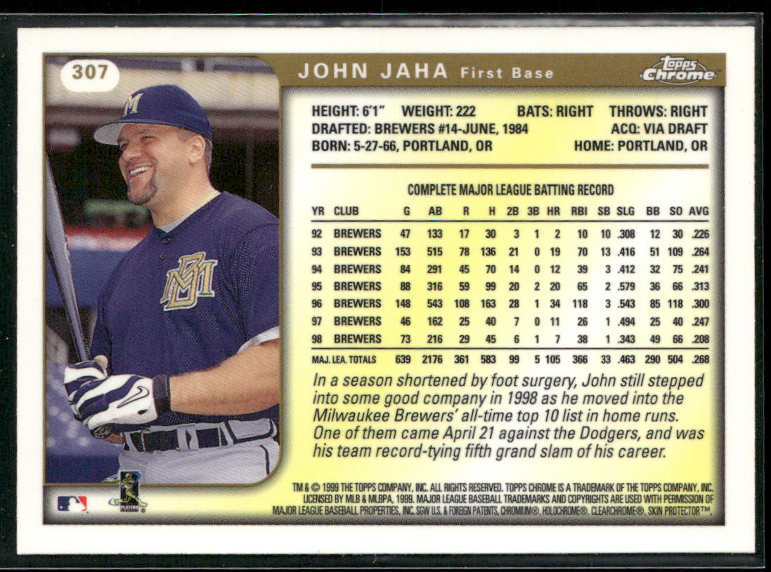 John Jaha 1999 Topps Chrome #307 Milwaukee Brewers