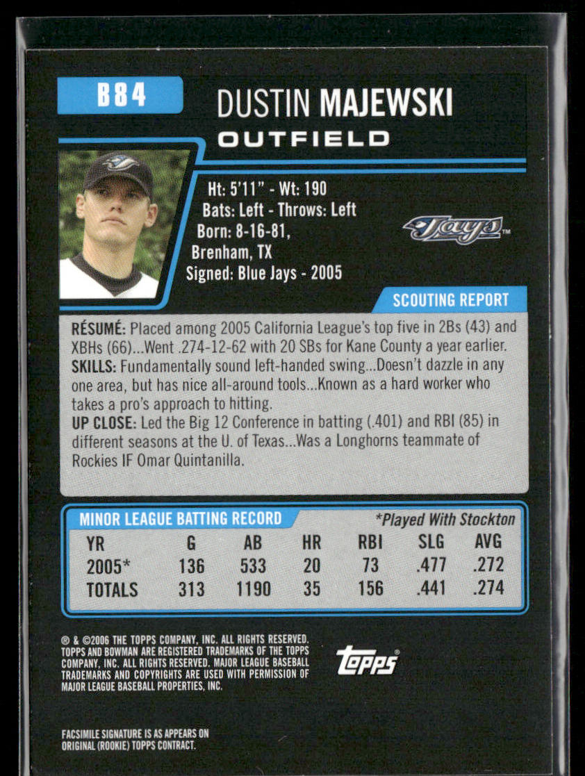 Dustin Majewski 2006 Bowman Prospects #B84 Toronto Blue Jays