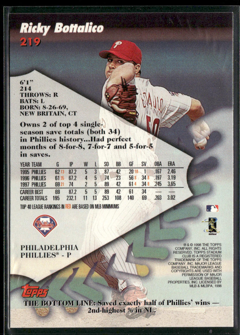 Ricky Bottalico 1998 Stadium Club #219 Philadelphia Phillies