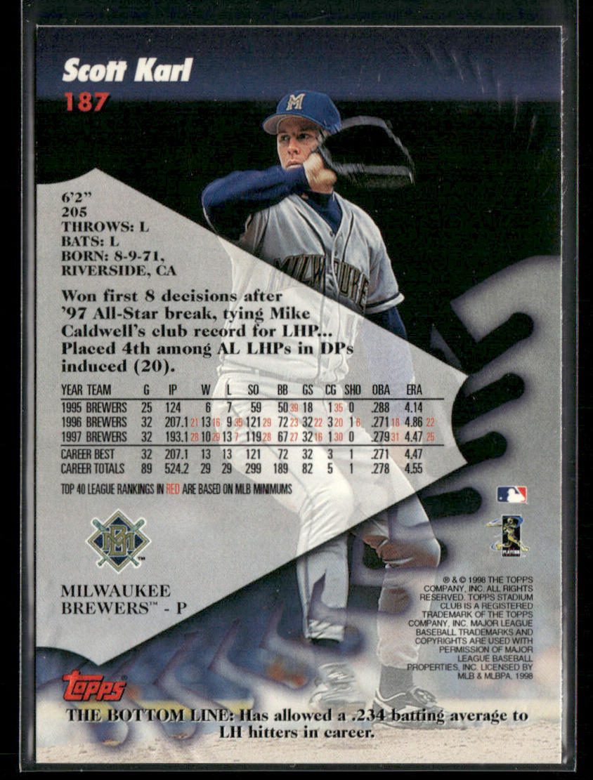 Scott Karl 1998 Stadium Club #187 Milwaukee Brewers