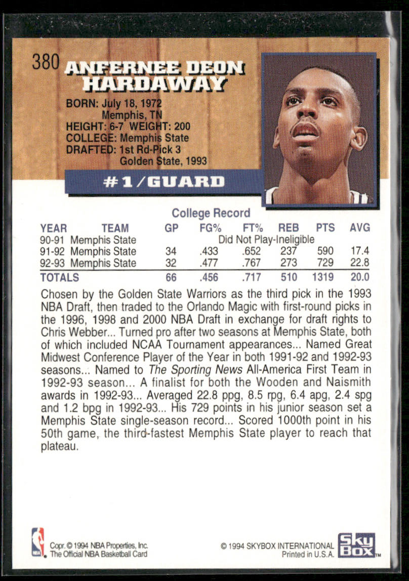Anfernee Hardaway 1993-94 Hoops #380 RC Orlando Magic