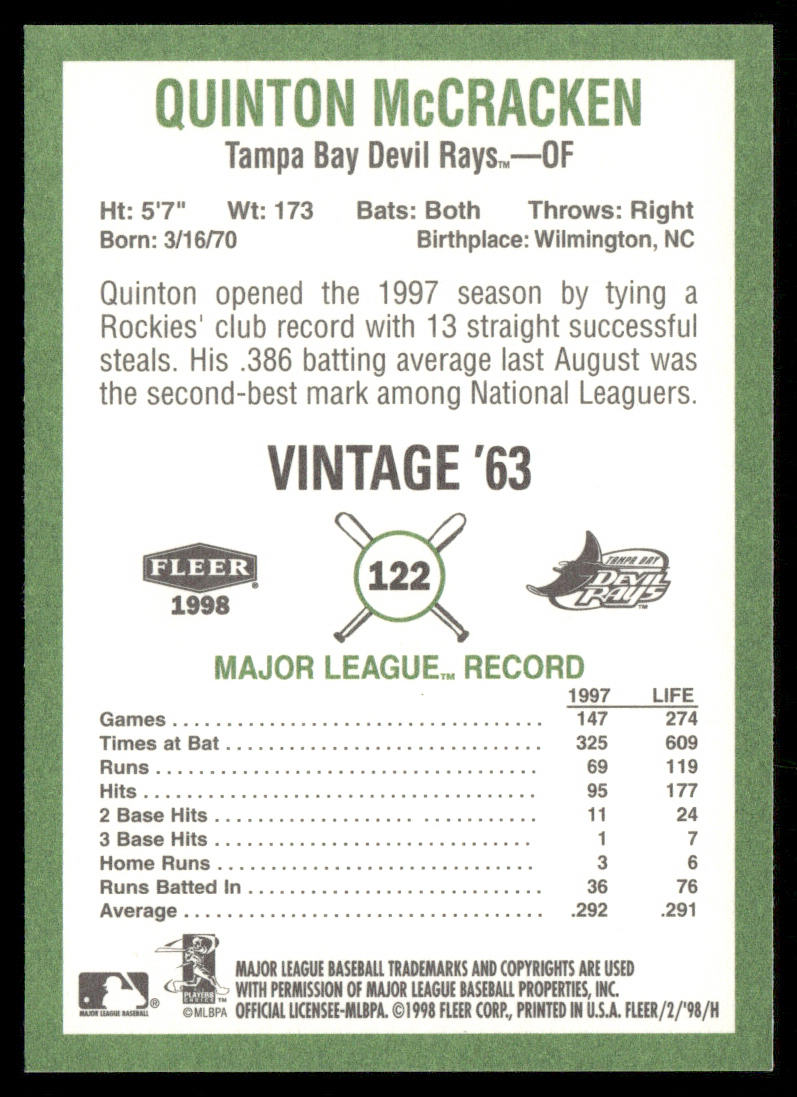 Quinton McCracken 1998 Fleer Tradition Vintage #122 Tampa Bay Devil Rays