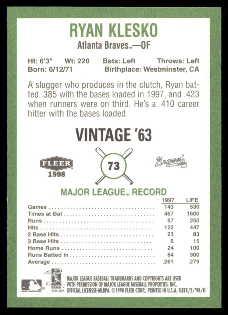 Ryan Klesko 1998 Fleer Tradition Vintage #73 Atlanta Braves