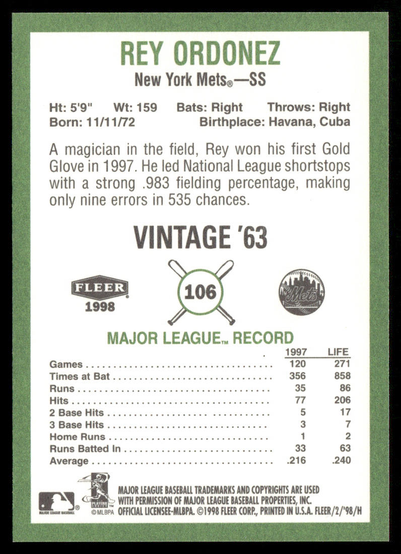 Rey Ordonez 1998 Fleer Tradition Vintage #106 New York Mets