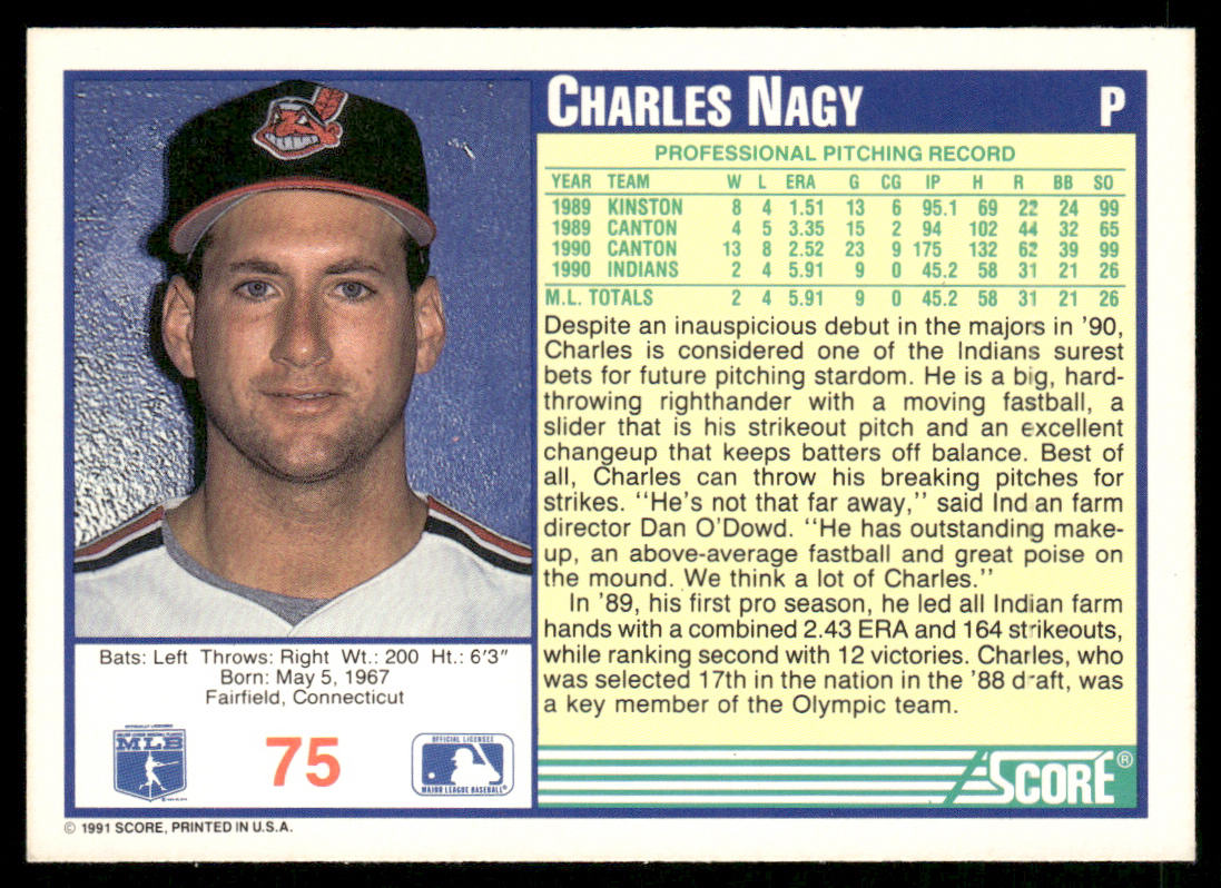 Charles Nagy 1991 Score #75 Cleveland Indians back