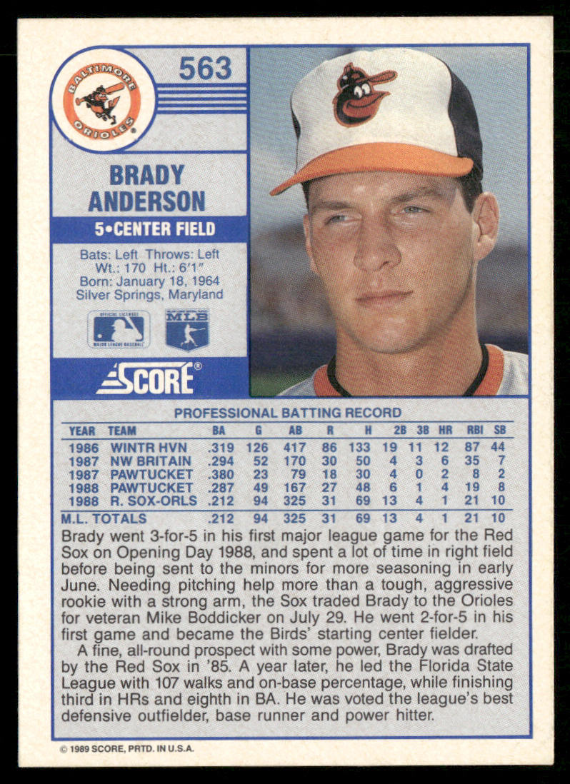 Brady Anderson 1989 Score #563 RC Baltimore Orioles