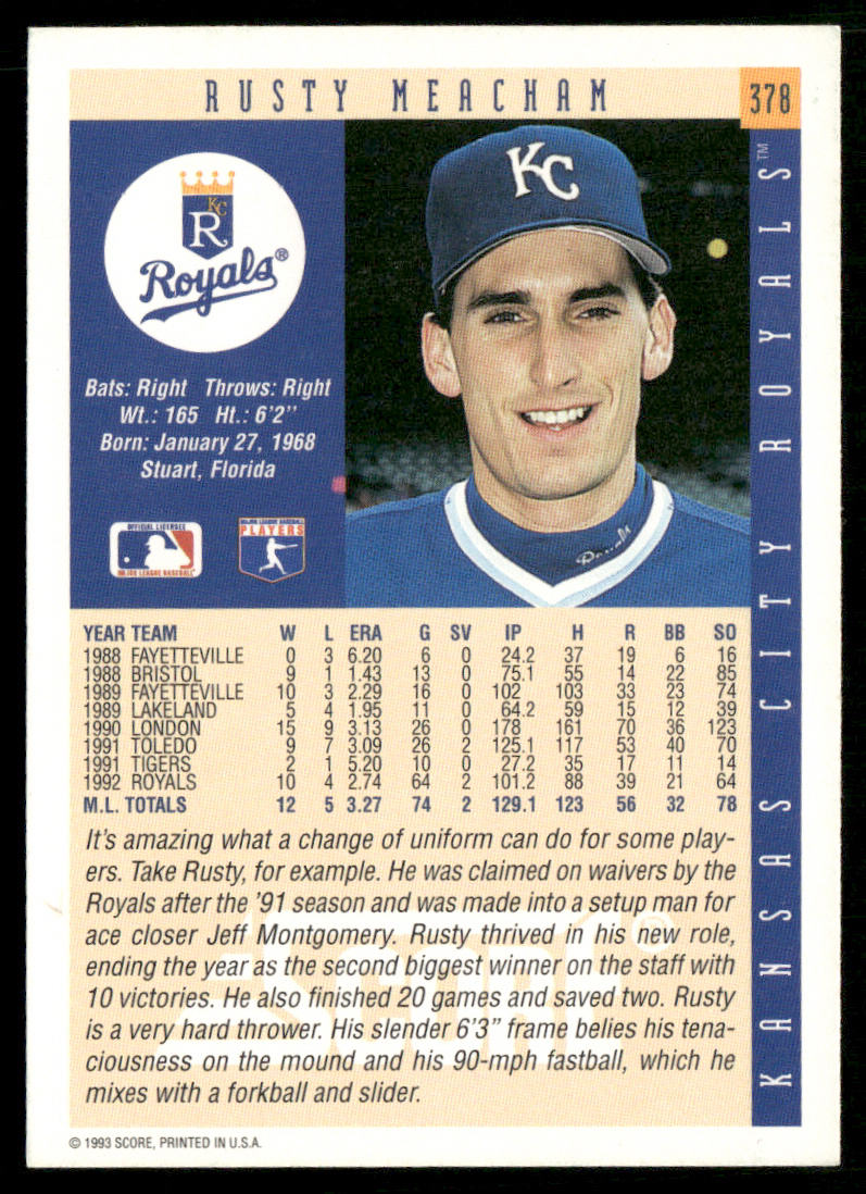 Rusty Meacham 1993 Score #378 Kansas City Royals