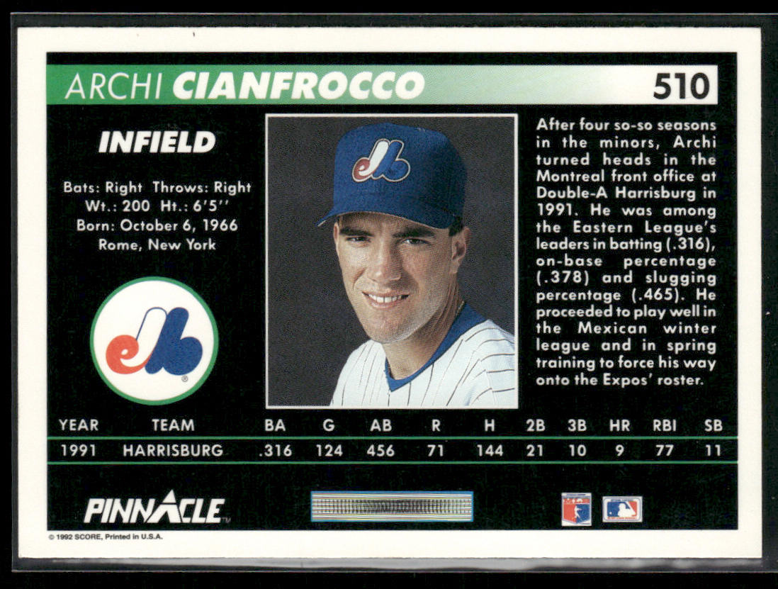 Archi Cianfrocco 1992 Pinnacle #510 RC Montreal Expos