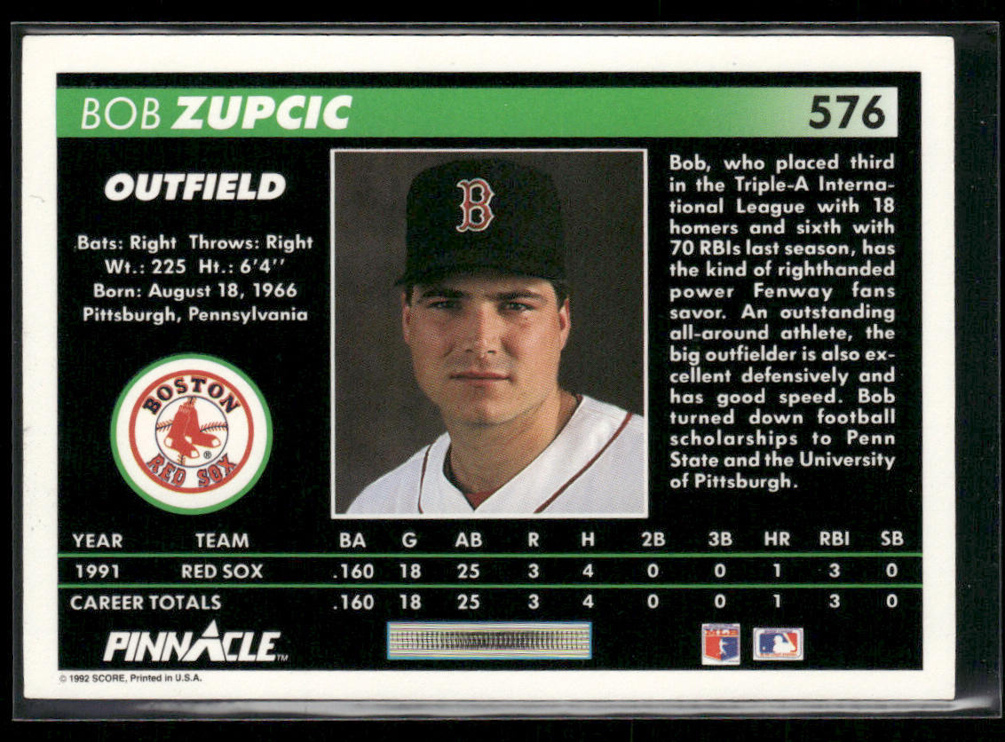 Bob Zupcic 1992 Pinnacle #576 RC Boston Red Sox
