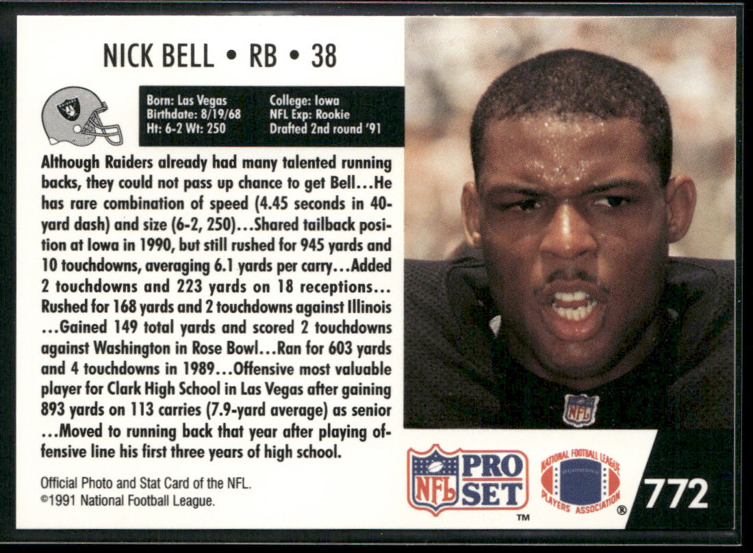Nick Bell 1991 Pro Set #772 RC Los Angeles Raiders