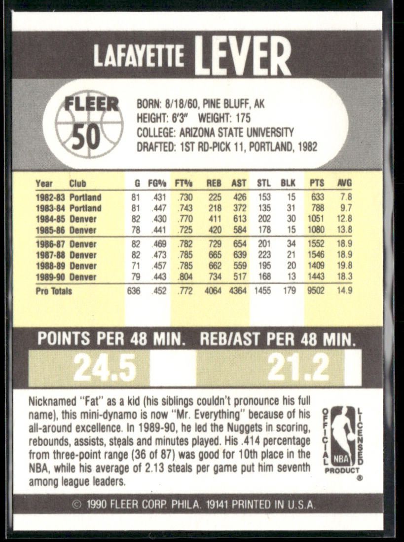Lafayette Lever 1990-91 Fleer #50 Dallas Mavericks back