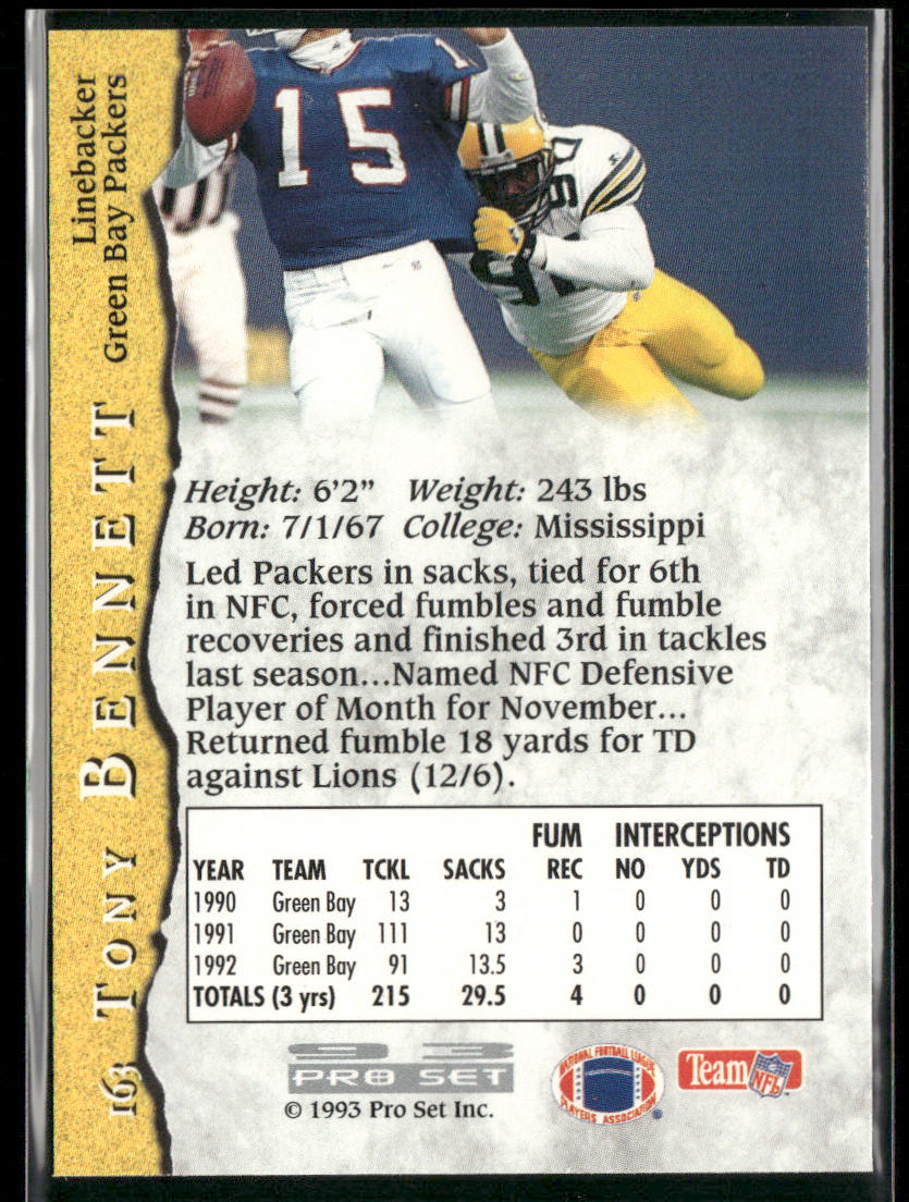 Tony Bennett 1993 Pro Set #163 Green Bay Packers back
