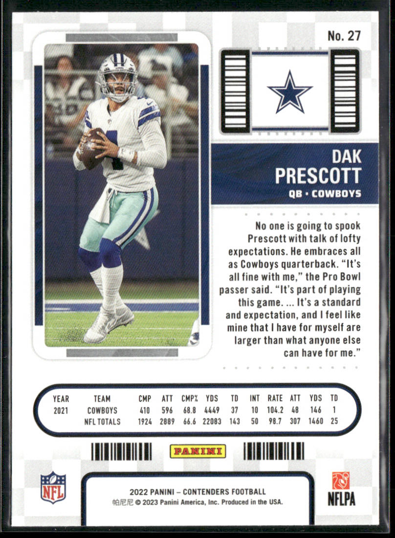 Dak Prescott 2022 Panini Contenders #27 Dallas Cowboys back