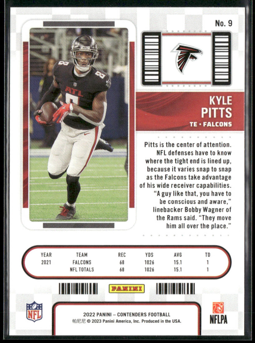 Kyle Pitts 2022 Panini Contenders #9 Atlanta Falcons back