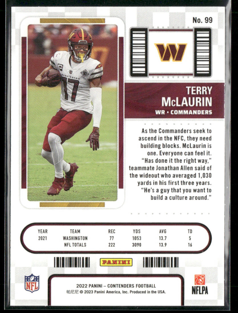 Terry McLaurin 2022 Panini Contenders #99 Washington Commanders back