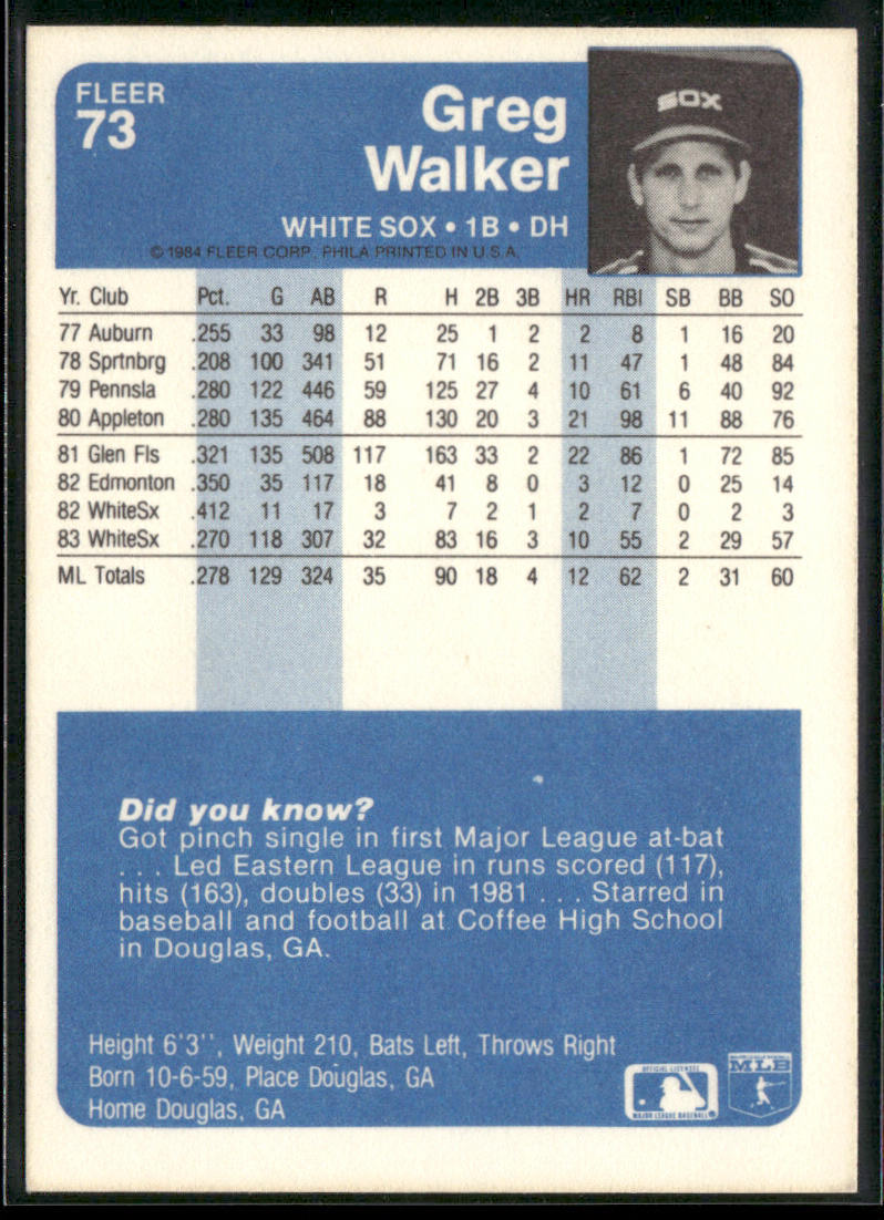 Greg Walker 1984 Fleer #73 RC Chicago White Sox