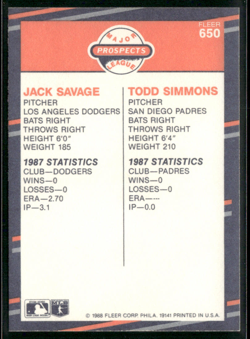 Jack Savage / Todd Simmons 1988 Fleer #650 RC