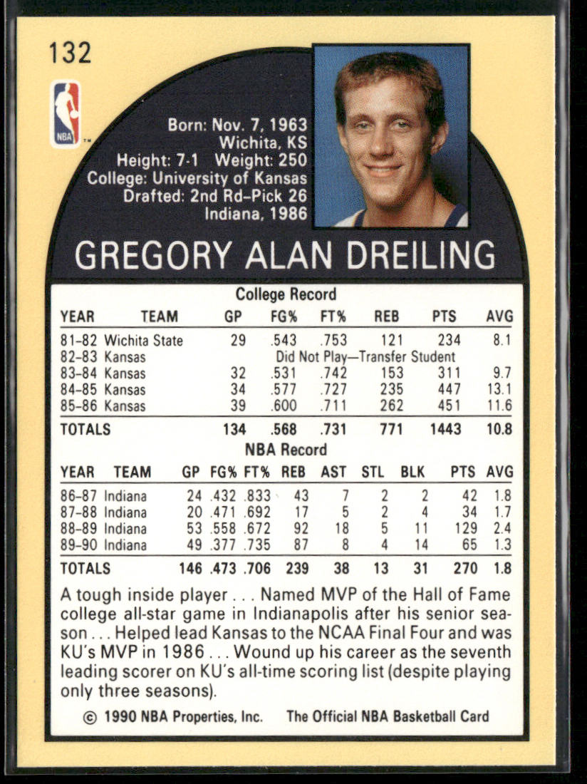 Greg Dreiling 1990-91 Hoops #132 RC Indiana Pacers