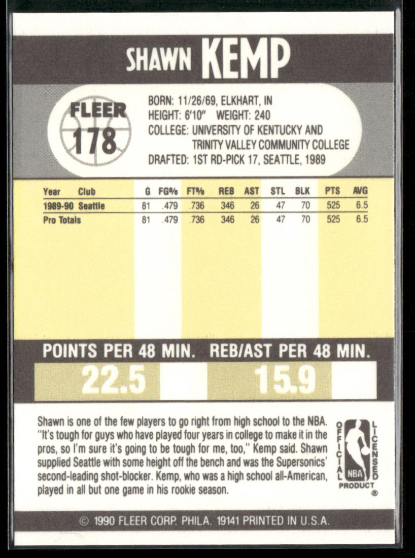 Shawn Kemp 1990-91 Fleer #178 RC Seattle SuperSonics back