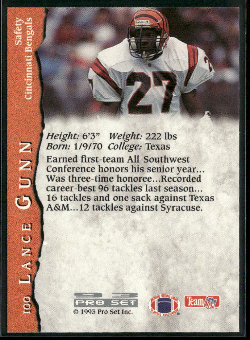 Lance Gunn 1993 Pro Set #100 RC Cincinnati Bengals back