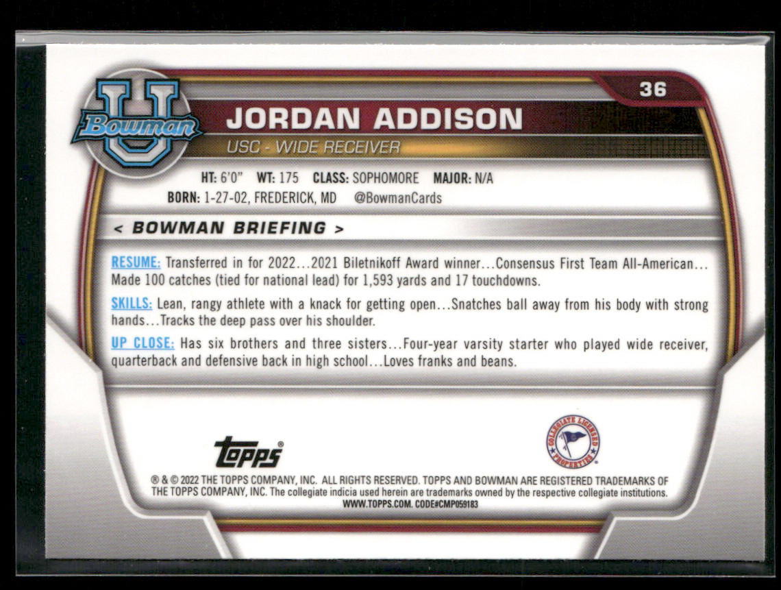 Jordan Addison 2022 Bowman University Chrome #36 USC Trojans