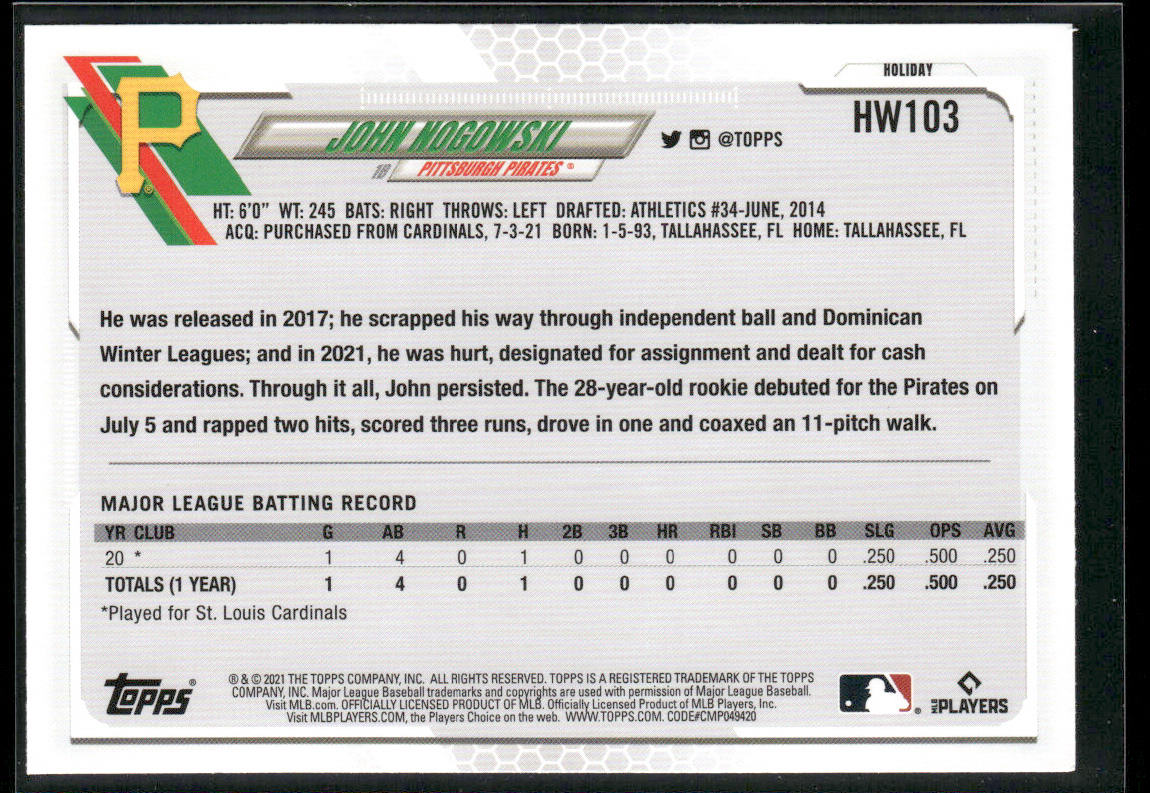 John Nogowski 2021 Topps Holiday #HW103 RC Pittsburgh Pirates