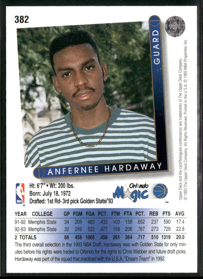 Anfernee Hardaway 1993-94 Upper Deck #382 RC Orlando Magic
