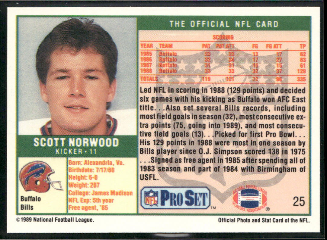 Scott Norwood 1989 Pro Set #25 RC Buffalo Bills back