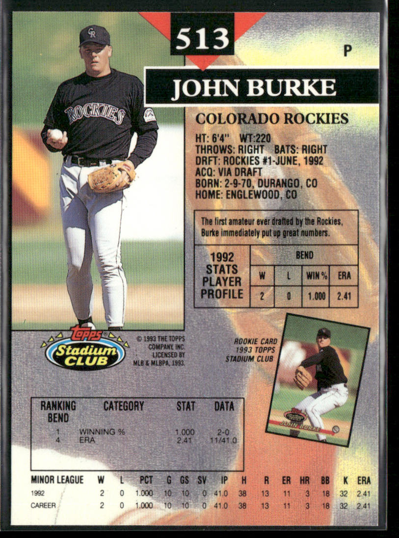 John Burke 1993 Stadium Club #513 RC Colorado Rockies