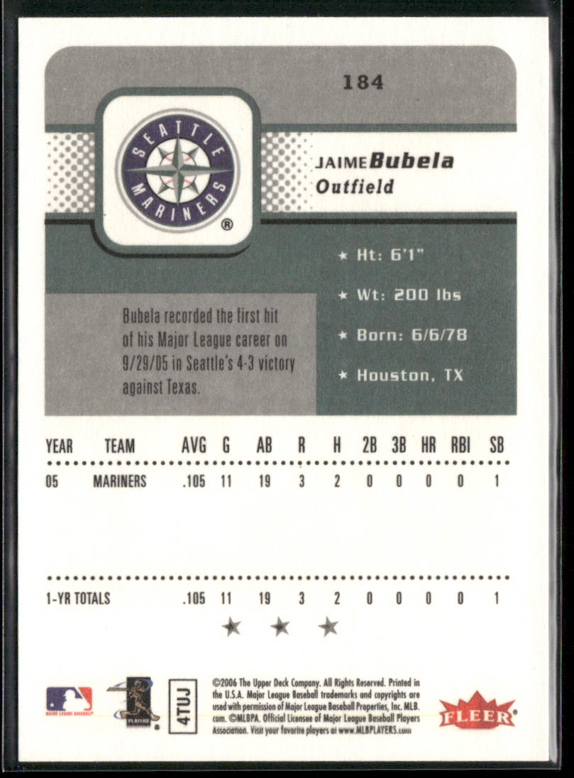 Jaime Bubela 2006 Fleer #184 RC Seattle Mariners