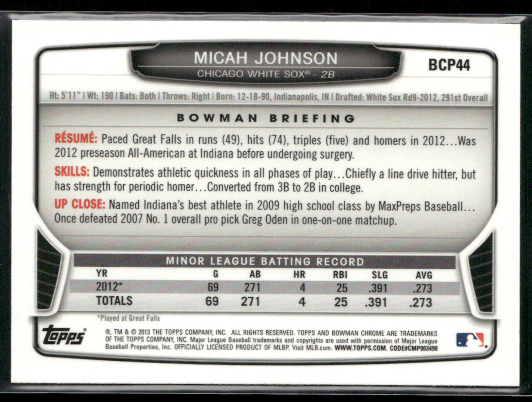 Micah Johnson 2013 Bowman Chrome Prospects #BCP44 Chicago White Sox